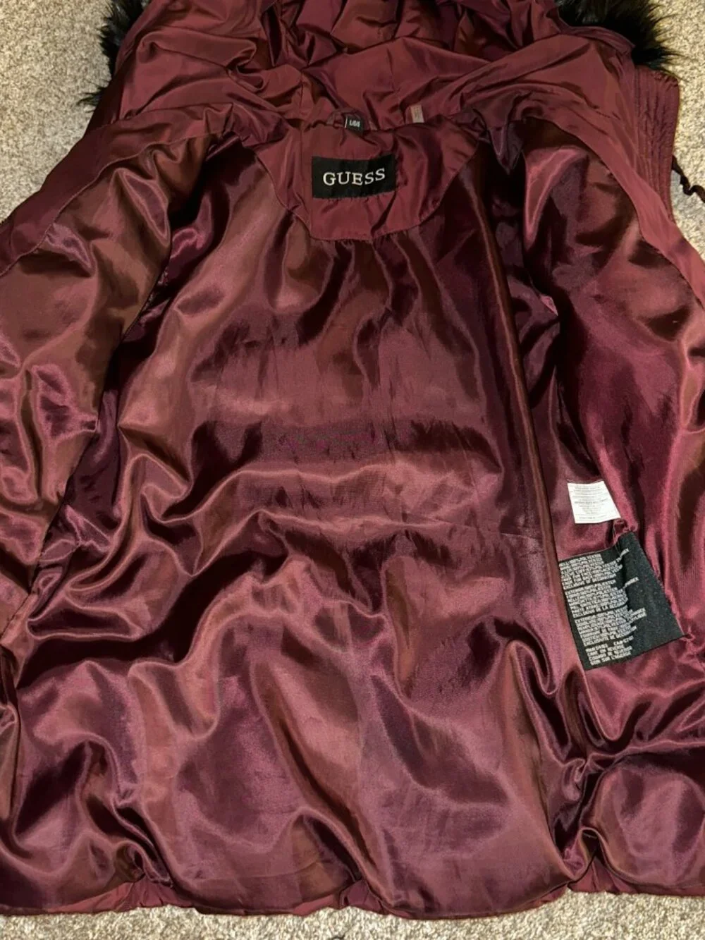 Guess Puffer Jacket Womens Large Red Removable Faux Fur Trim Hood Full Zip sz L